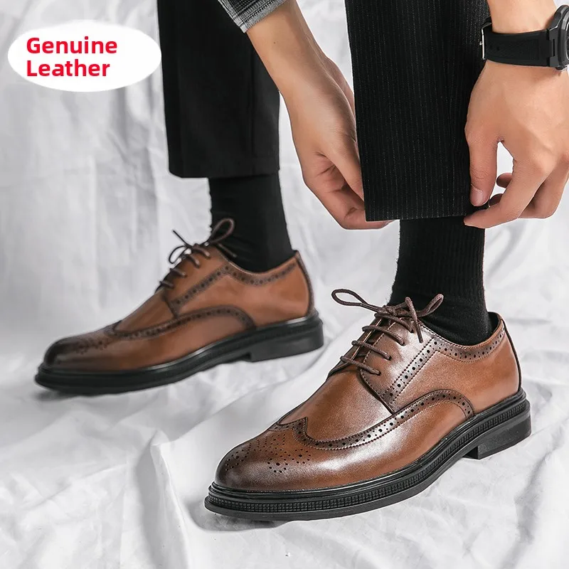 Men's Brogue Leather Shoes Casual Wedding Groom Shoes Business Formal British Style Heightening Leisure  Shoes