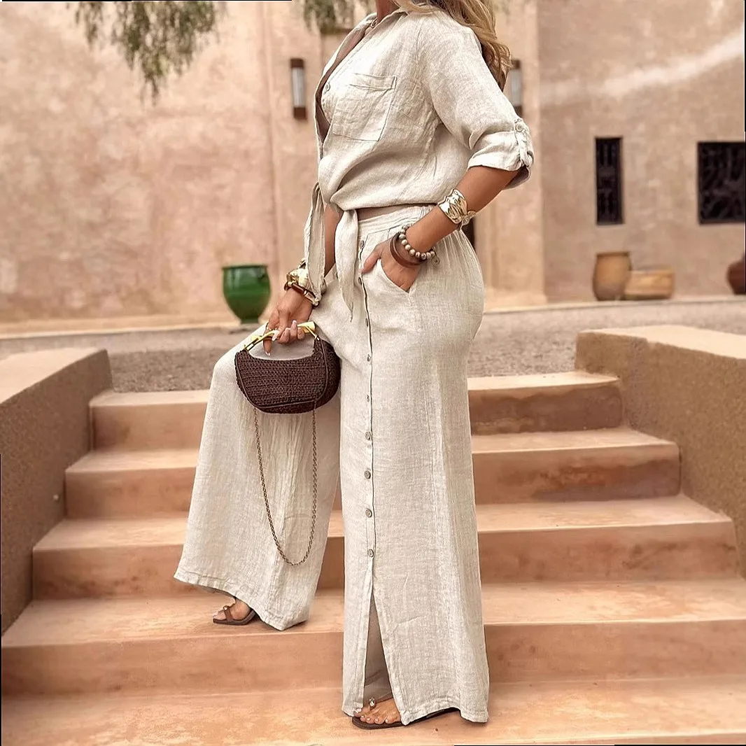 Women's Solid Long Sleeve Button Down Hem Matching Set Jumpsuit Playsuit