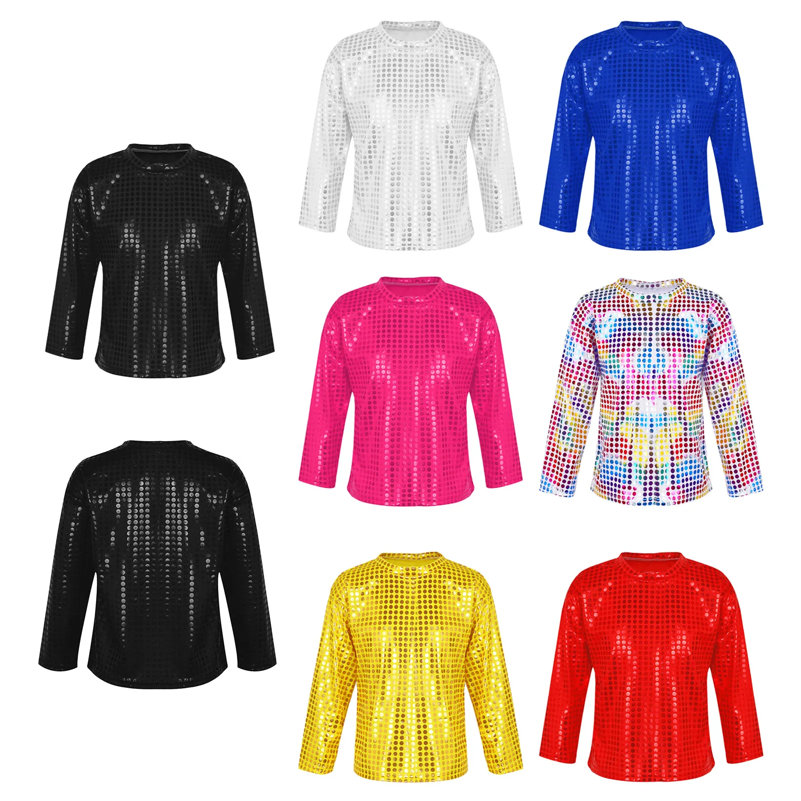 Tops de baile de lentejuelas brillantes para niños y niñas, manga larga, cuello redondo, Top de Color sólido para actuaciones en escenario