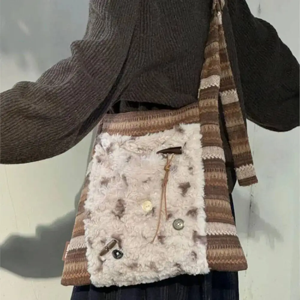 

Bloom Retro Stripe Tote Bag Women 2025 Haruku Plush Patchwork Soft Casual Handbag Female Large Capacity Shoulder Bags Bolsos