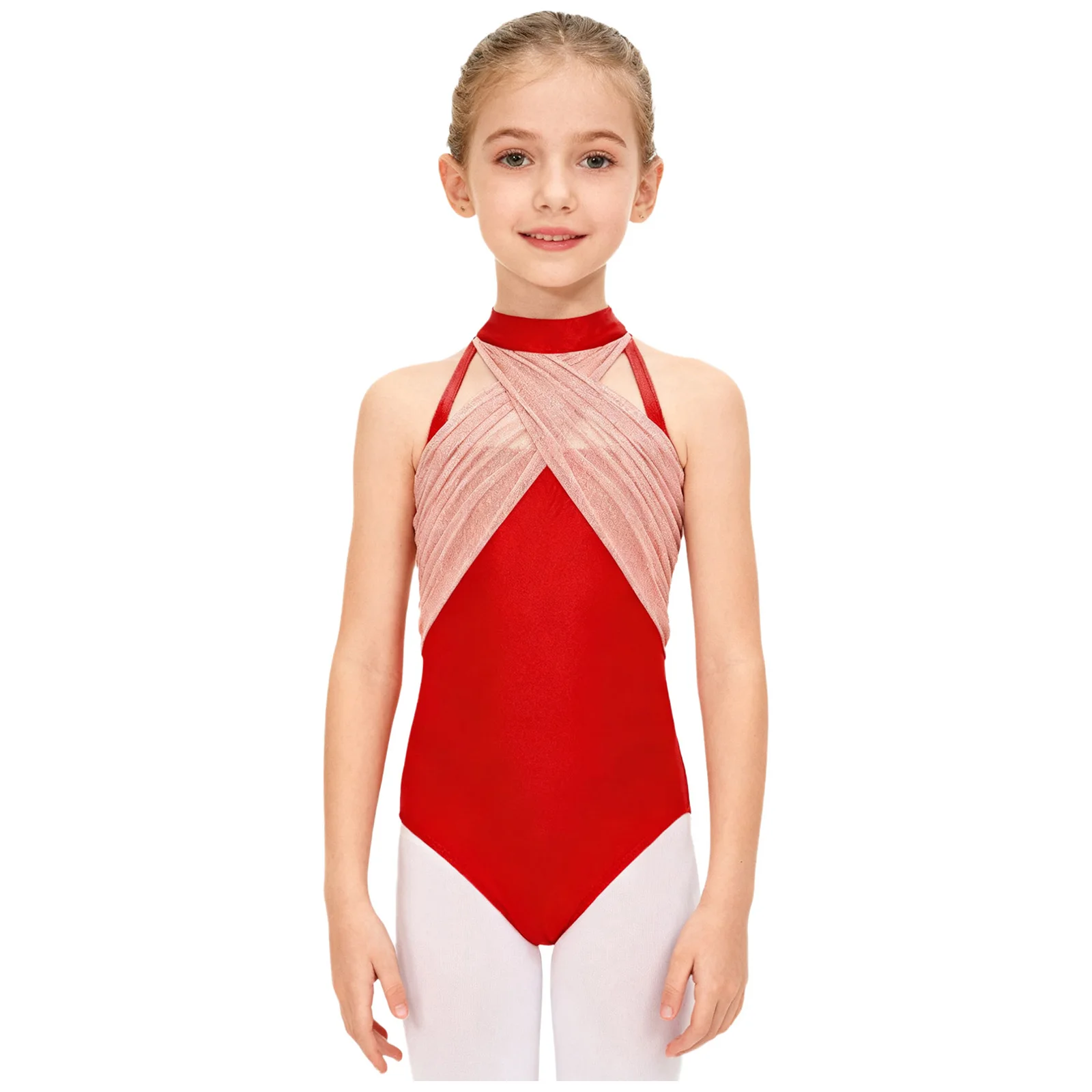 

Kids Girls Cross Ruched Gymnastics Bodysuit Mock Neck Sleeveless Cutout Back Lace Mesh Patchwork Unitard Ballet Dance Leotard