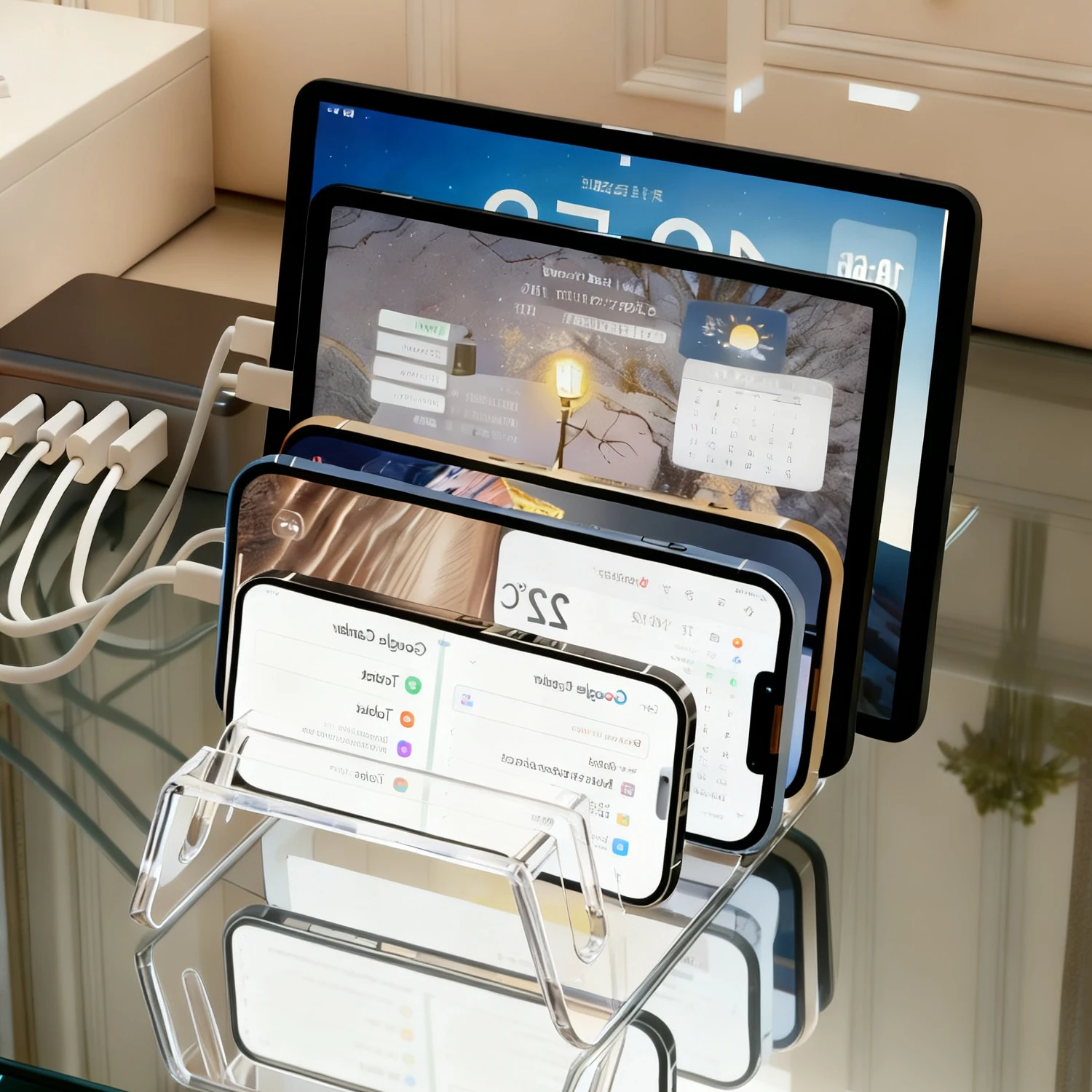 Acryl Transparante Mobiele Telefoon Houder Multi Port Opslag Stand voor Mobiele Telefoon Tablet Luie Beugel Warmteafvoer Houders