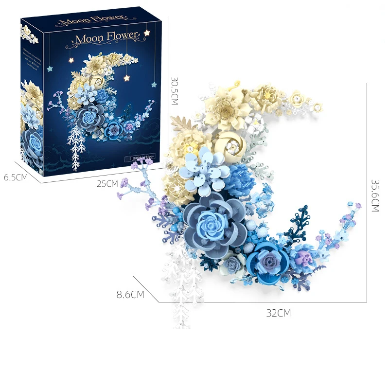 

JJ9094 Moon Flower Home Decoration Flower Simulation Bouquet Rose DIY Building Block Model Assembly Girl Toy Birthday Gift