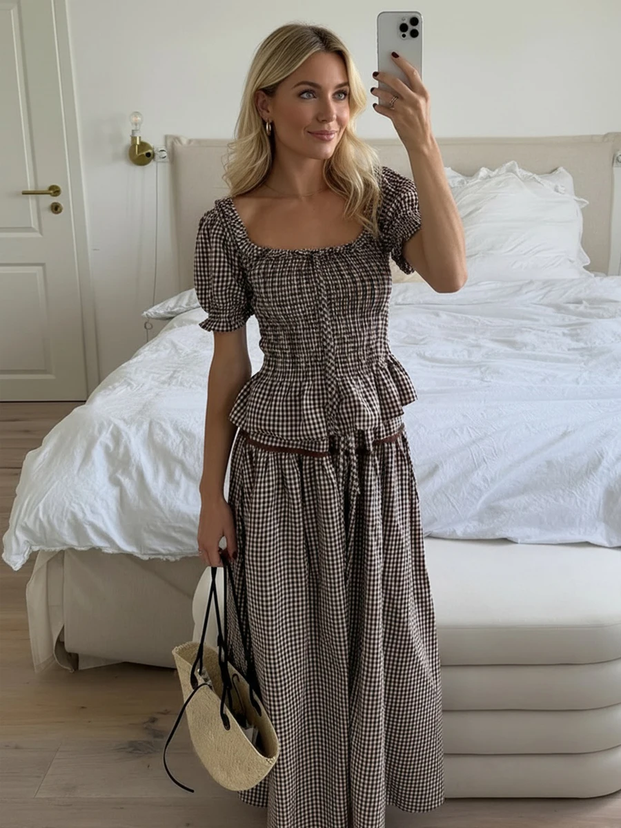 

Womens Ruched Shirred Plaid Dress With Puff Sleeve And Belted Waist For Summer Holiday