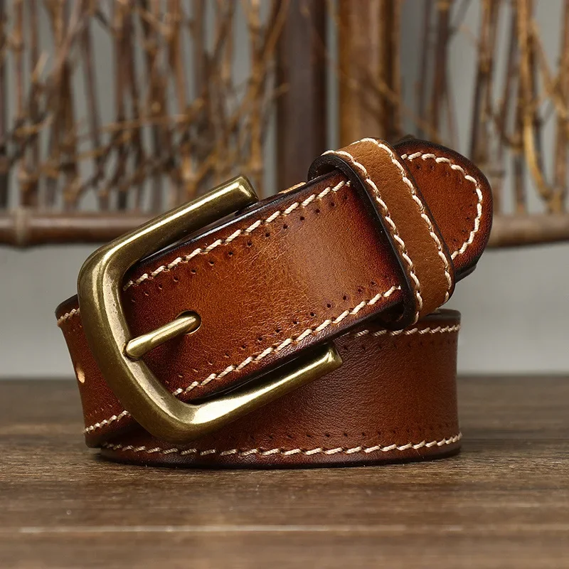 

3.8CM Pure Cowhide High Quality Genuine Leather Belts for Men Strap Male Luxury Designers Brass Buckle Belt Vintage Jeans Cowboy