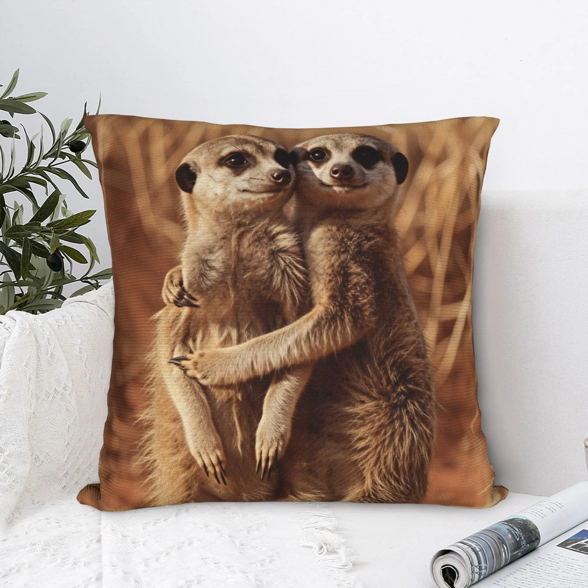 Pillow Cover Two Meerkats Standing And Hugging  Novelty Pillow Case For Sofa Couch Bed Living Room Pillowcases