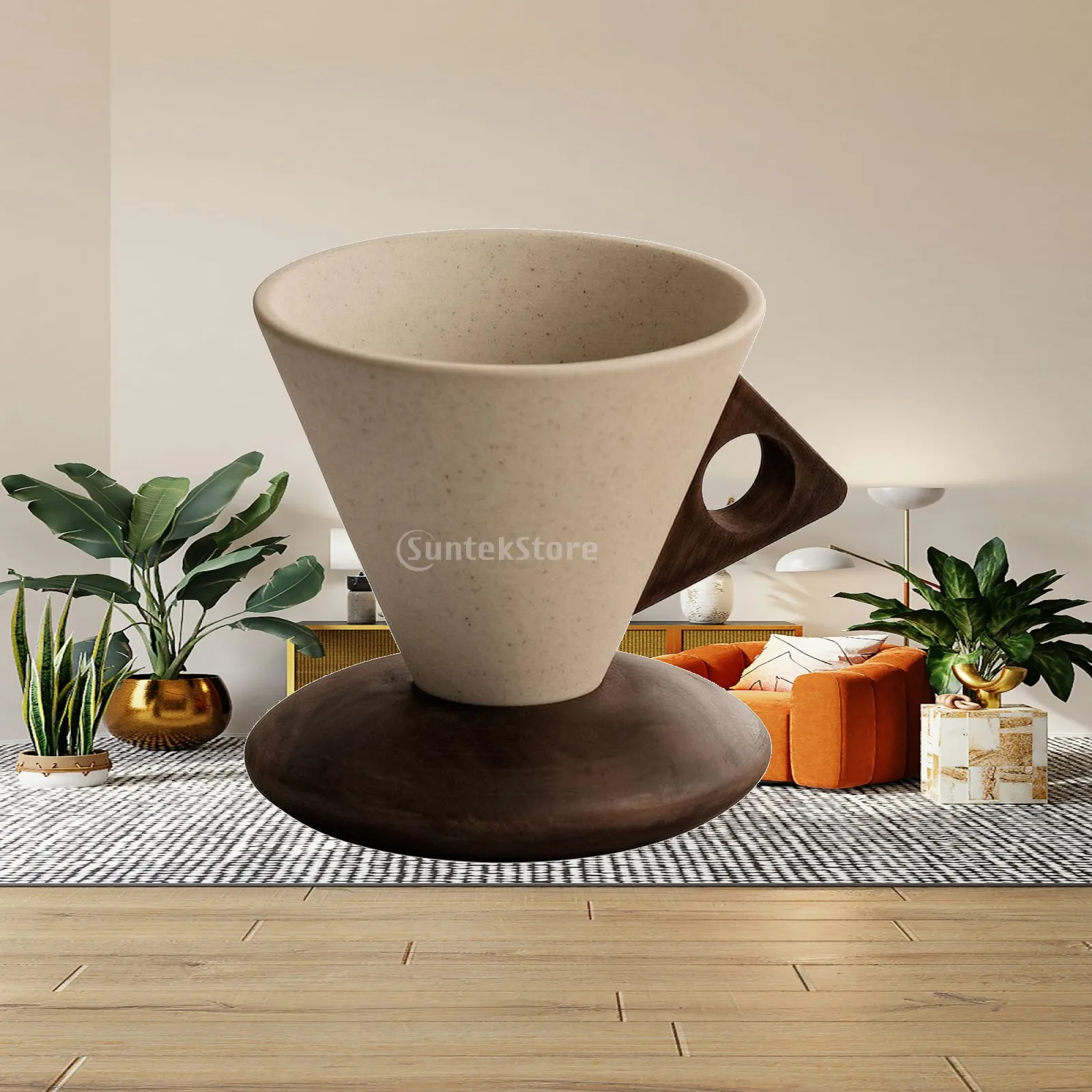 Pour-over Coffee Cup with Wooden Base Speckled Ceramic Coffee Cup with Wooden Handle Heat Insulating High-Fired for Home Brewers