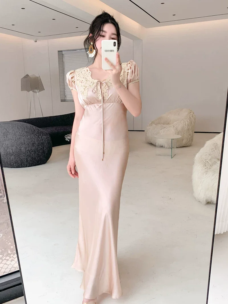 

High Quality 2026 Summer Silk Satin Evening Dress Elegant Ladies Patchwork Lace Mermaid Long Dresses