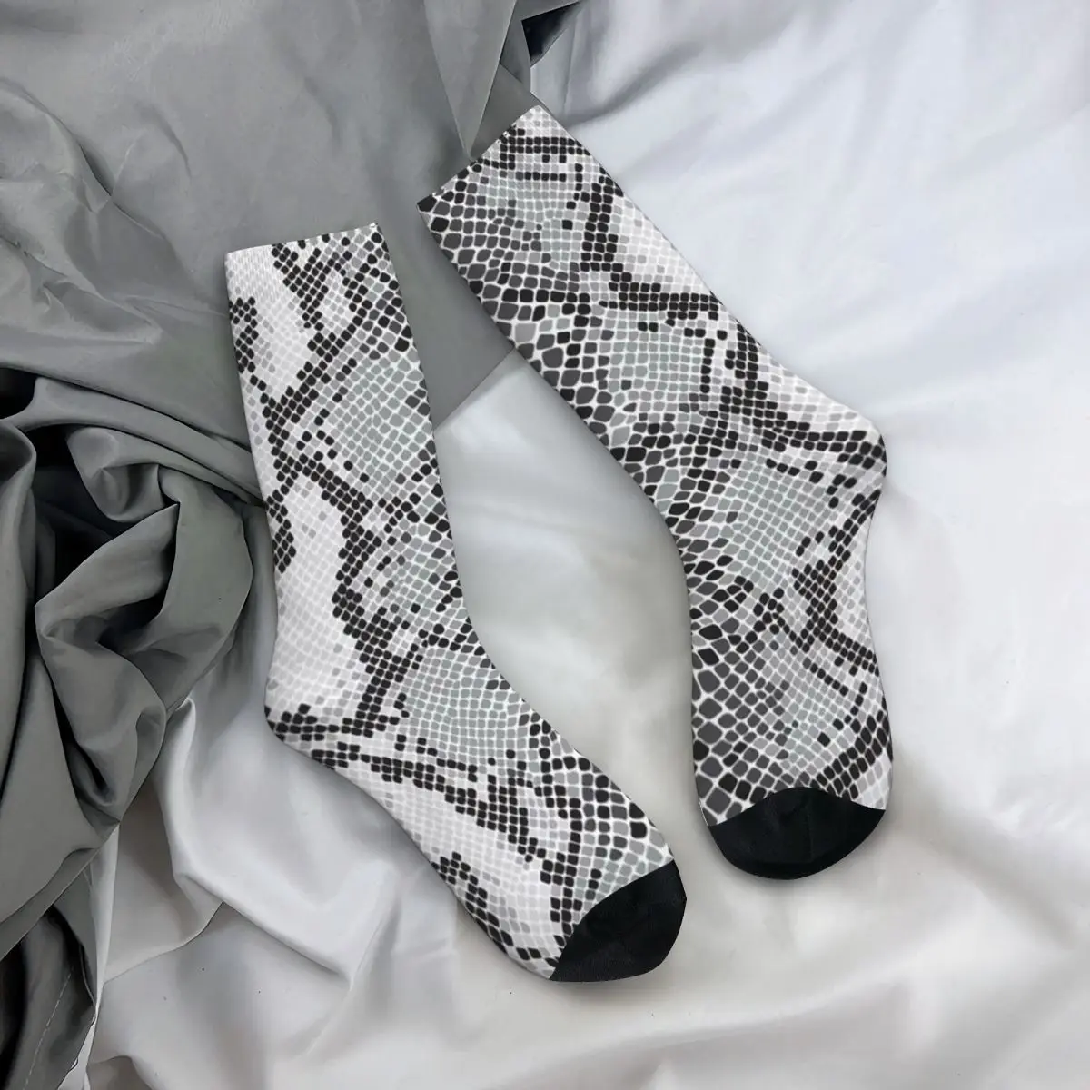 All Seasons Crew Stockings Gray Snake Skin Animal Print Socks Casual Long Socks for Men Women Valentine's Day Gifts