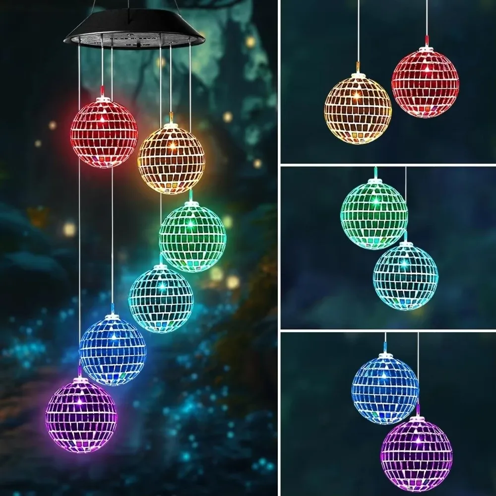Waterproof Solar Wind Chime Light Solar Powered Colorful Reflective Mirror Ball Lamp Silver Plastic Disco Ball Ornament