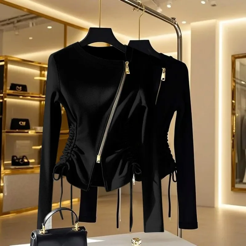 Frence moda lado cordão fino ajuste jaquetas zíper assimétrico casacos curtos primavera verão outerwear esportes elegante senhora do escritório