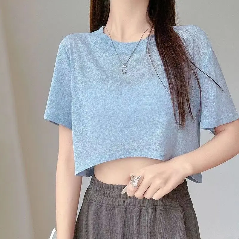 Ice Silk Summer T Shirt  4 Colors Women Mesh Sheer Short Sleeves Sunscreen Cover Up Crop Top Slim Fit Cool Simple Black T-Shirt