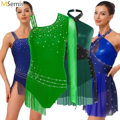 Imagen 1 del producto Vestido de leotardo de gimnasia con flecos para mujer, patinaje artístico con diamantes de imitación, Rumba rítmica, baile latino, Cha-Cha, mono con borlas