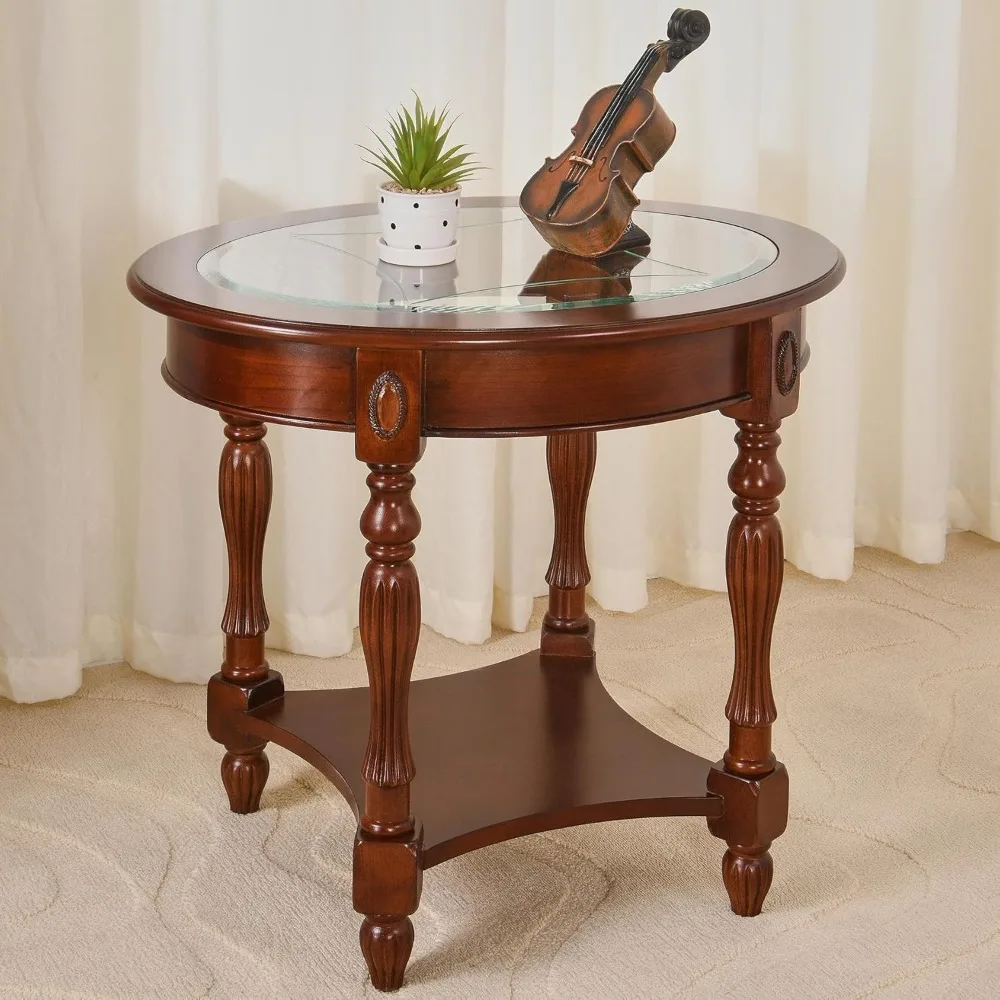 

LEEMTORIG Oval Round Glass End Table, 2-Tier Solid Wood Glass Top End Side Tables, Traditional Victorian Nightstand for Bedroom