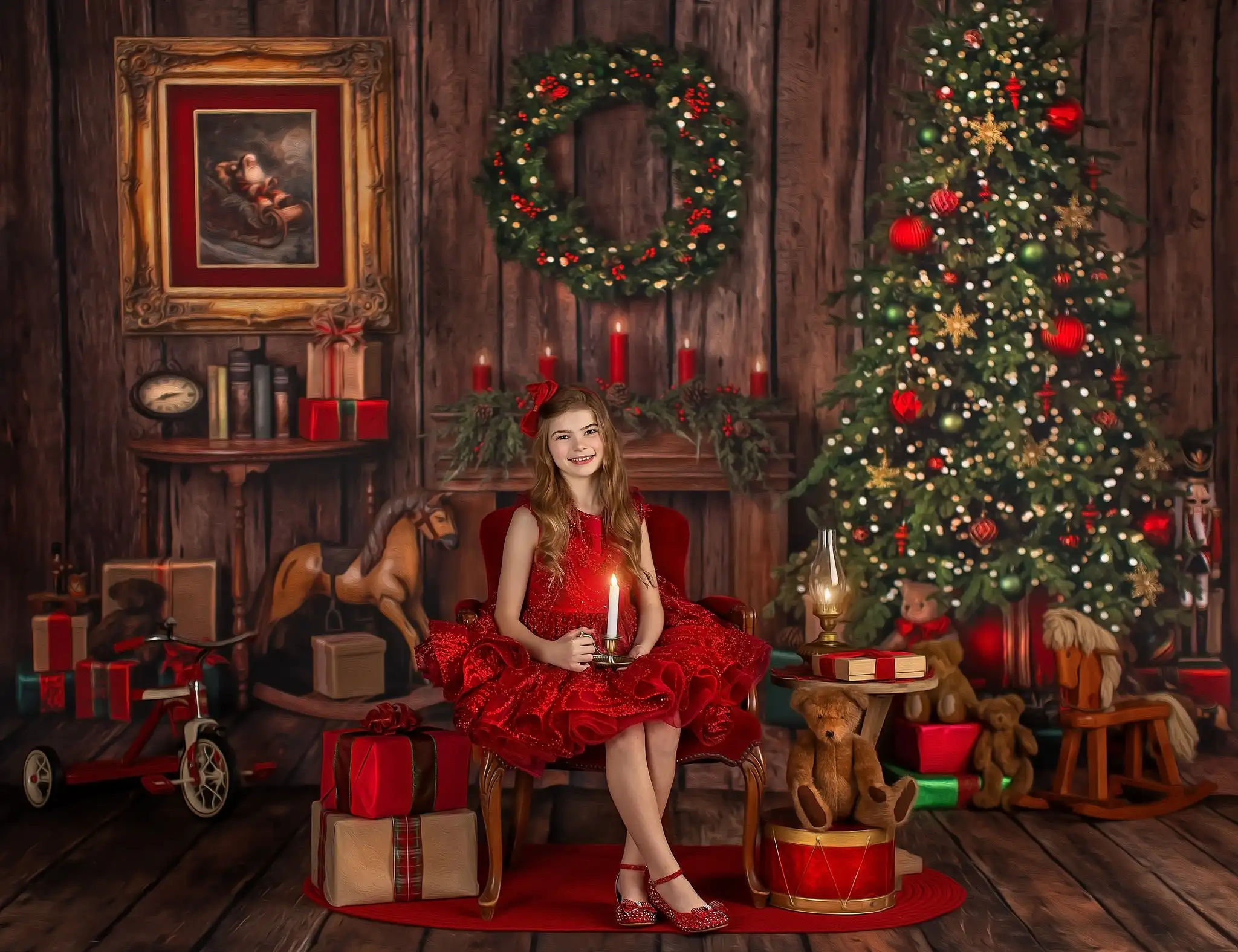 Classic Christmas Eve View Backdrops Family Adult Photography Props Child Kids Photo Wooden House Fireplace Backgrounds