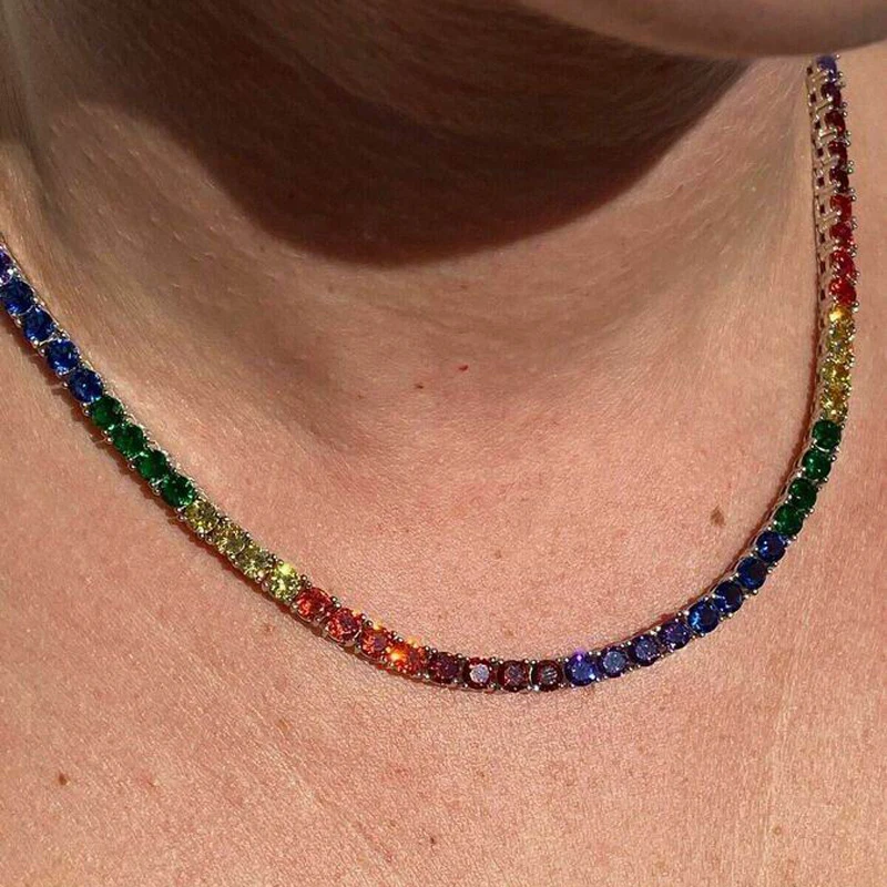 Iced Out Clustered Tennis Chain Necklace Hip Hop Rainbow Cubic Zirconia Silver Color Fashion Rock Women Jewelry