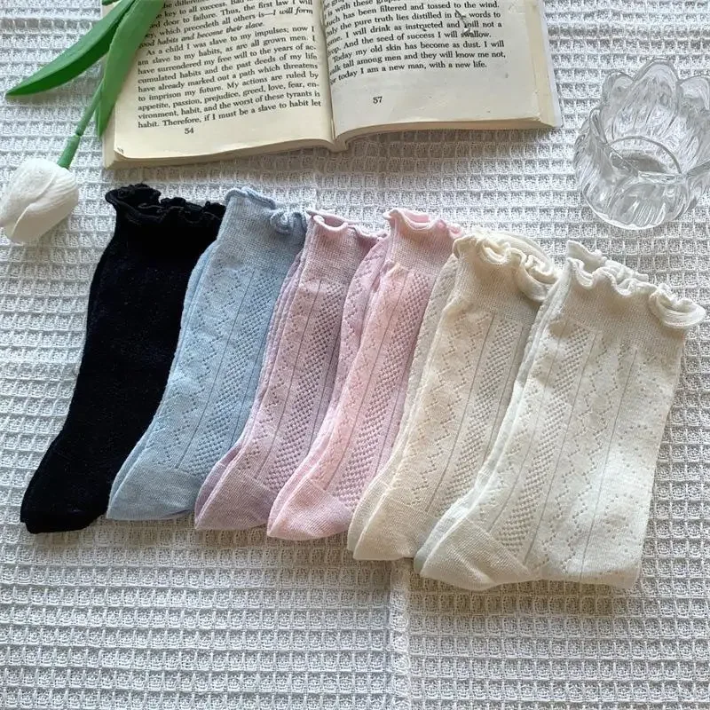 Women's Mesh Ruffle Plain Mid-calf Socks Cute Cotton High Elasticity Lolita JK Thin Breathable in Spring/Summer Stacking Socks