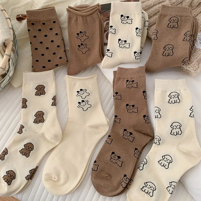 Autumn Winter Women's Socks Solid Color Simple Cute Puppy Cotton Sock Comfortable Casual Coffee Color System Fashion Stockings