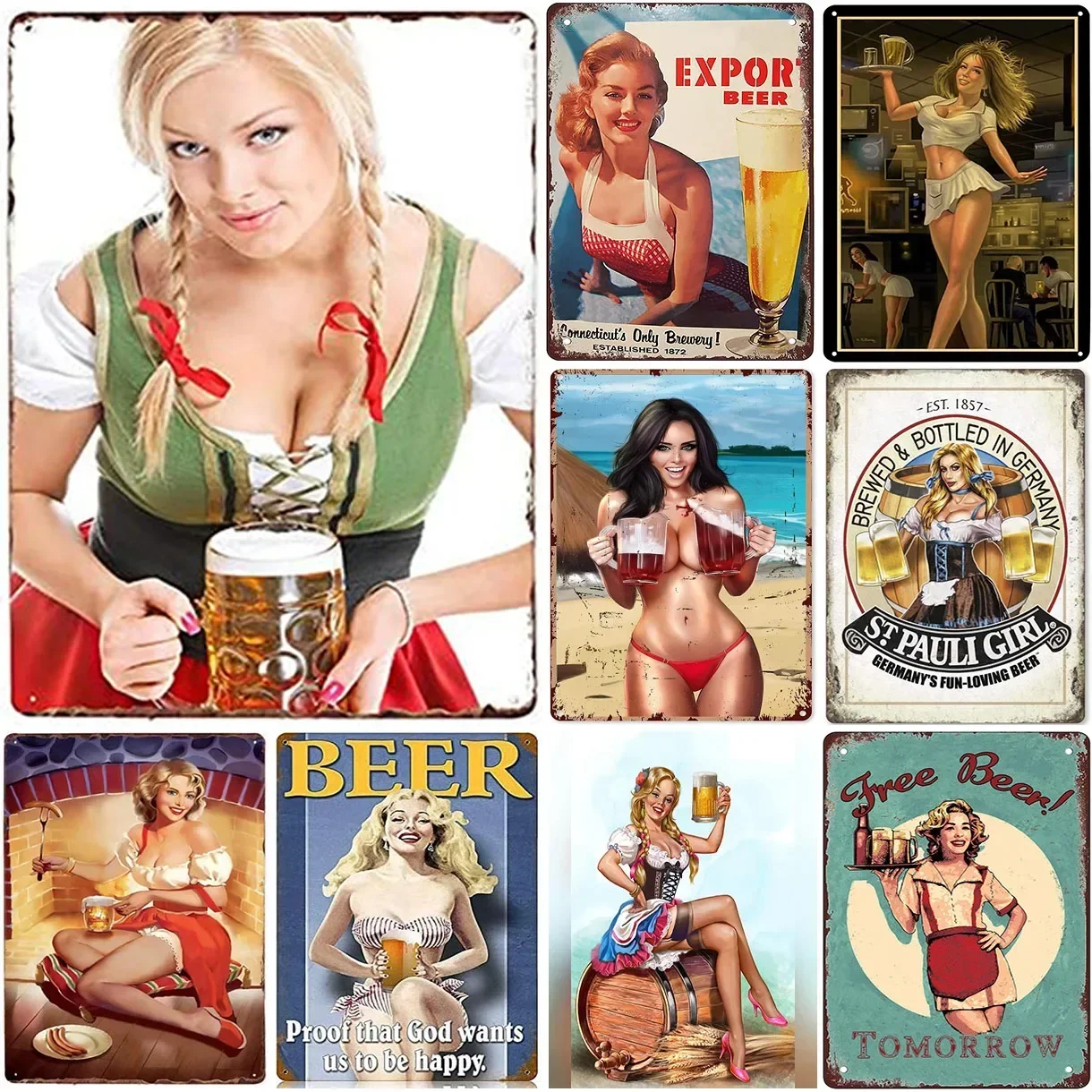 Pin-Up Girls Beer Metal Tin Sign Bar Decorations for Party Cheers Decor Aluminum Sign Wall Art Metal Poster for Man Cave Bar Pub