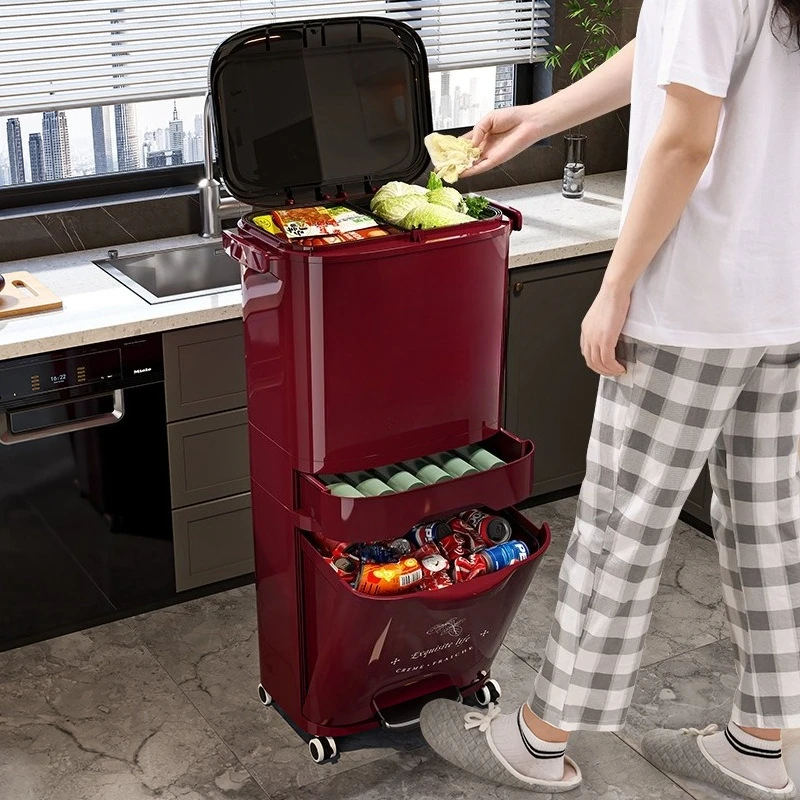 Strictly selected kitchen trash can multi-layer no-bending dry and wet separation large removable storage cylinder with lid