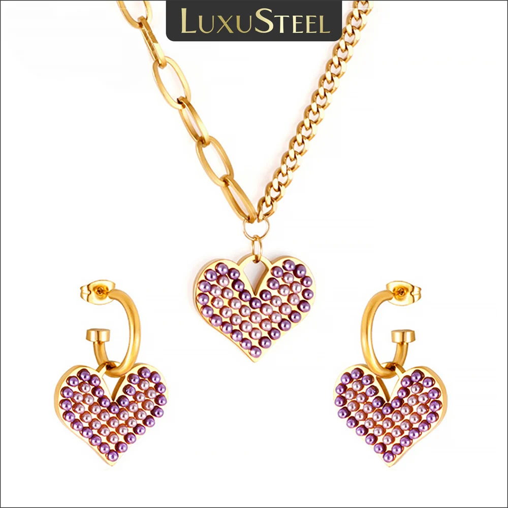 LUXUSTEEL Jewelry Sets For Women Stainless Steel Heart Love Purple Mixed White Pearls Pendant Necklace Hoop Earring Wedding Gift