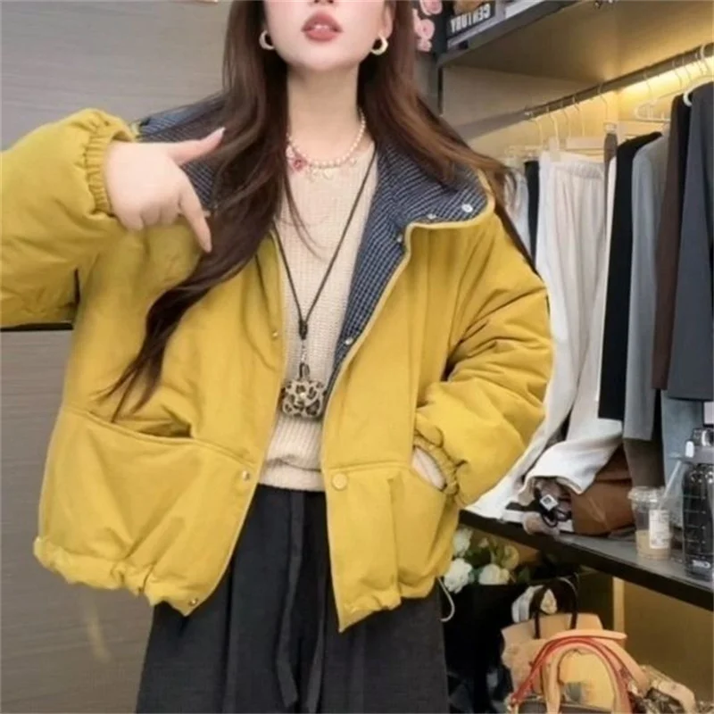 

Короткая женская зимняя куртка на хлопковой подкладке, новая универсальная хлопковая куртка с решетчатым капюшоном, свободная повседневная универсальная куртка на пуху