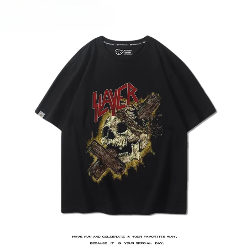 Slayer Killer Band Surrounding Short Sleeve T-shirts for Men and Women Summer American Street Retro Loose Cotton Half Sleeves