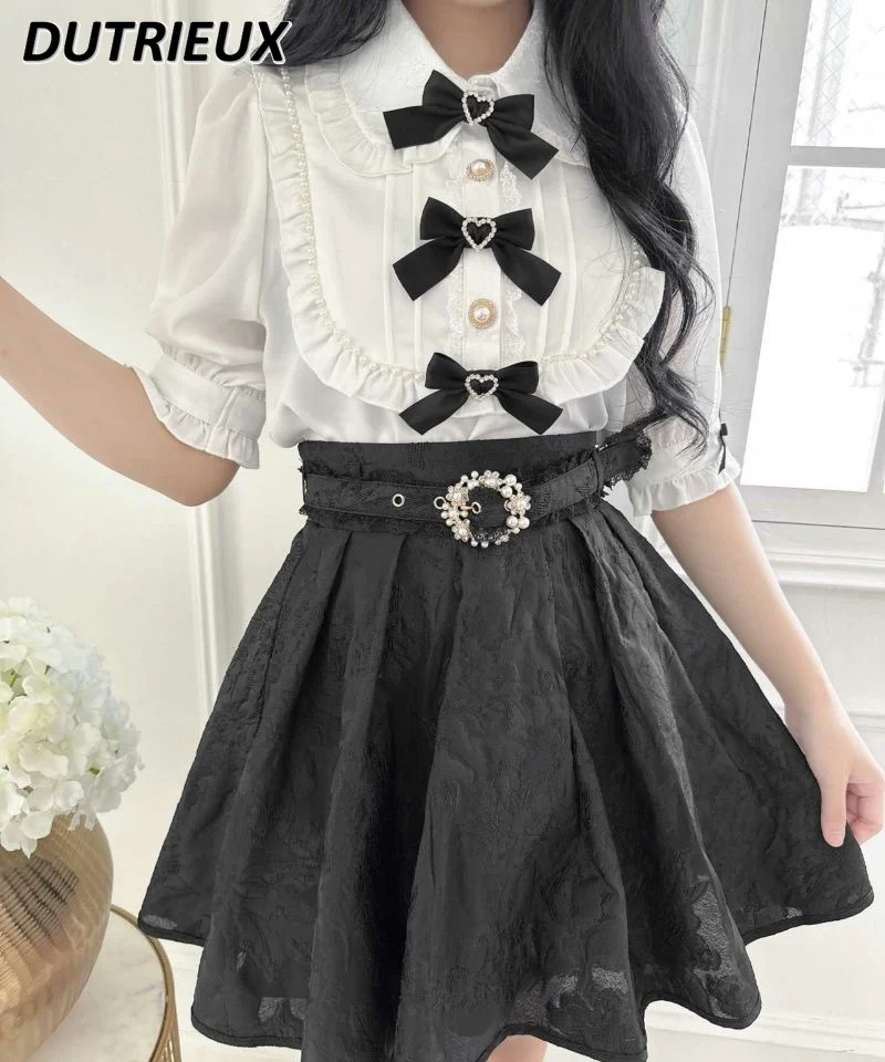 Summer Women's Tops Machine Embroidery Elegant Blouse Japanese Style Bow  Fashion Puff Short Sleeve Chiffon Short Sleeve Shirt