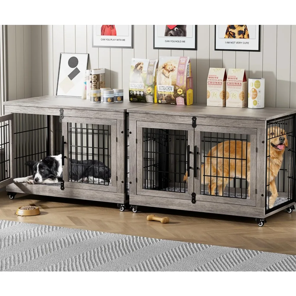 

38 inch heavy-duty dog house, indoor double door wooden dog cage furniture, 2-piece set, with mats and wheels, 70 pounds