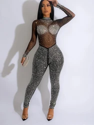 Fashion Solid Color Long Sleeves Jumpsuit Women Sexy Mesh Hot Diamond Tight Fitting Clothes Black Elegant Female Long Jumpsuit