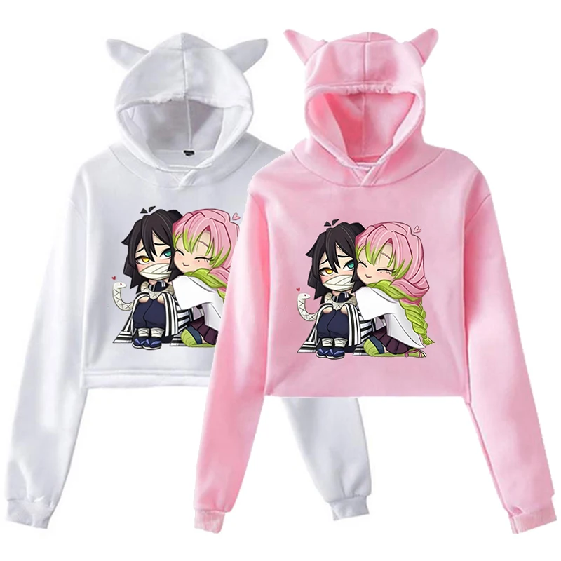 

Funny Kanroji Mitsuri Iguro Obanai Cartoon Hoodie Fashion Women Girls Cat Ears Cropped Hoodie Female Casual Long Sleeve Pullover