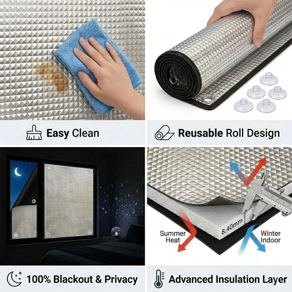 Glue-free Window Film Thermal Insulation Window Film with Suction Cups Blackout Privacy Cover for Home Car Reusable Heat Control