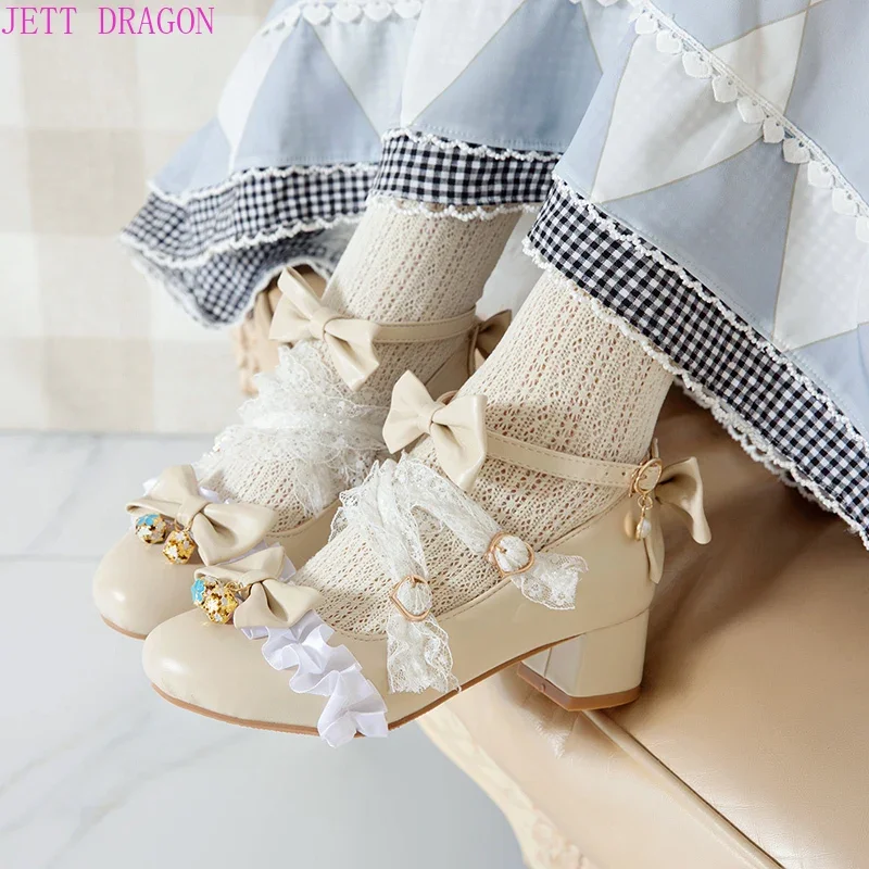 Spring Lolita Pink Mary Janes Women High Heels Shoes Sweet Bowknot Ruffles Lace Dress Party Wedding Shoes Bridal Princess