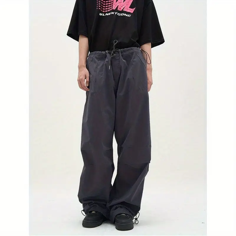 Spring Autumn New Solid Color High Street Youth Wide Leg Trousers Man Drawstring Pockets Patchwork Shirring Loose Vintage Pants