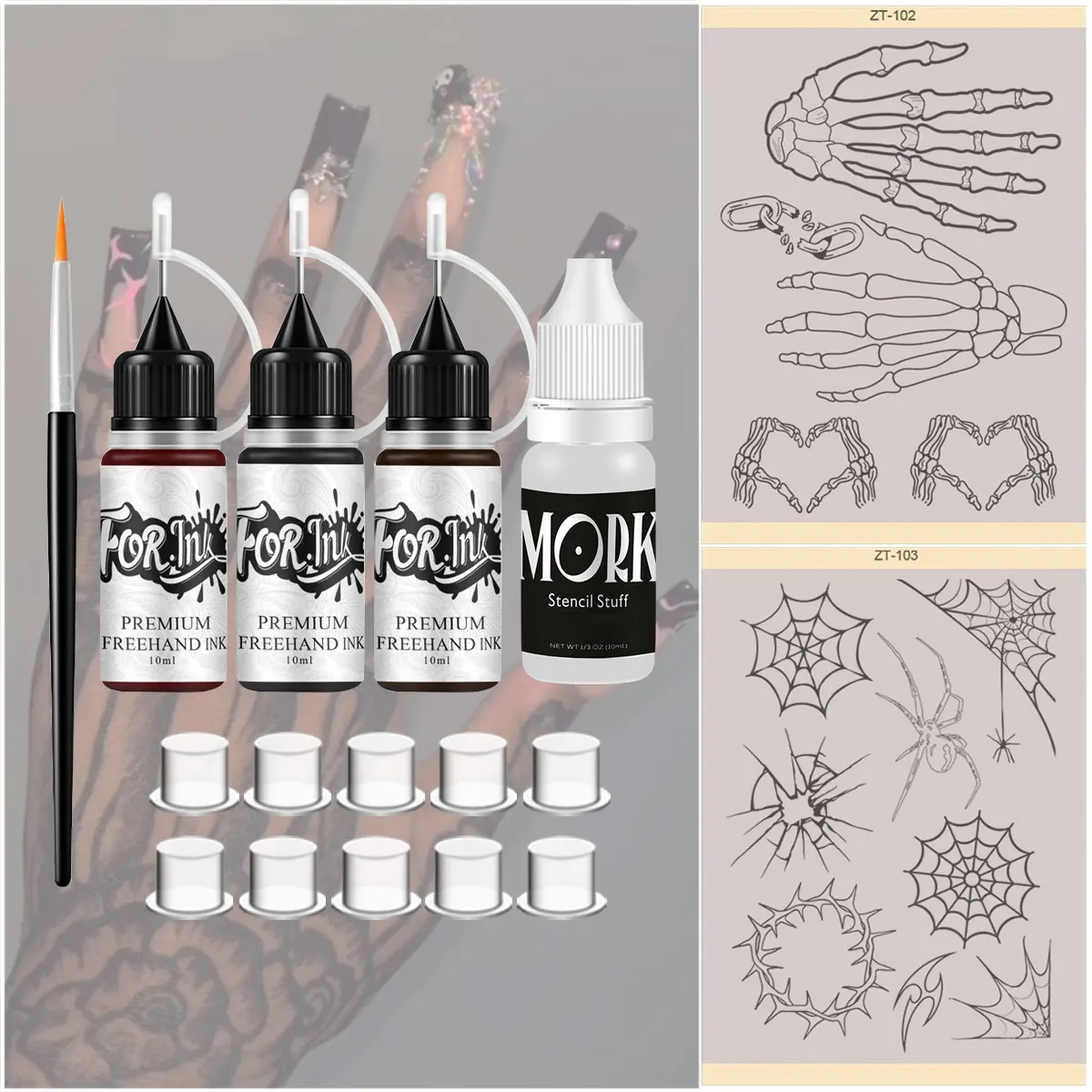 

Долговечный набор временных татуировок, разноцветные чернила от руки и трафареты для шаблонов. Бумага с рисунком и переводной пастой.