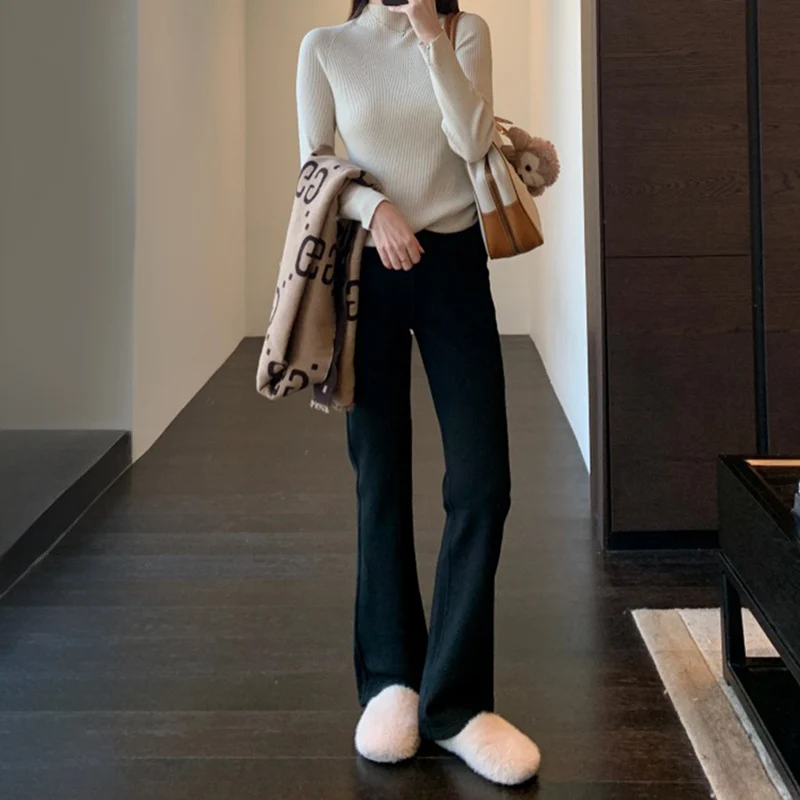 سراويل نسائية صغيرة متوهجة من الصوف لعام 2025 سراويل خريف وشتاء كلاسيكية متعددة الاستخدامات سراويل نسائية عالية الخصر للتخسيس سراويل سوداء