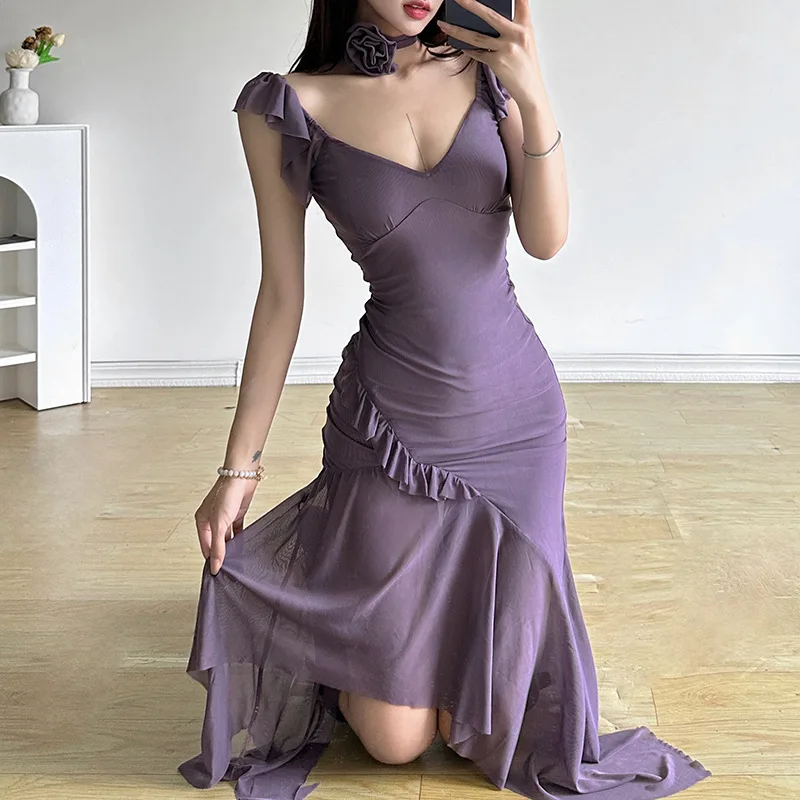 

Women's Dress 2024 Summer New Solid Color Sexy V-neck Short Sleeved High Waisted Mesh Splicing Slim Asymmetric Hem Dress