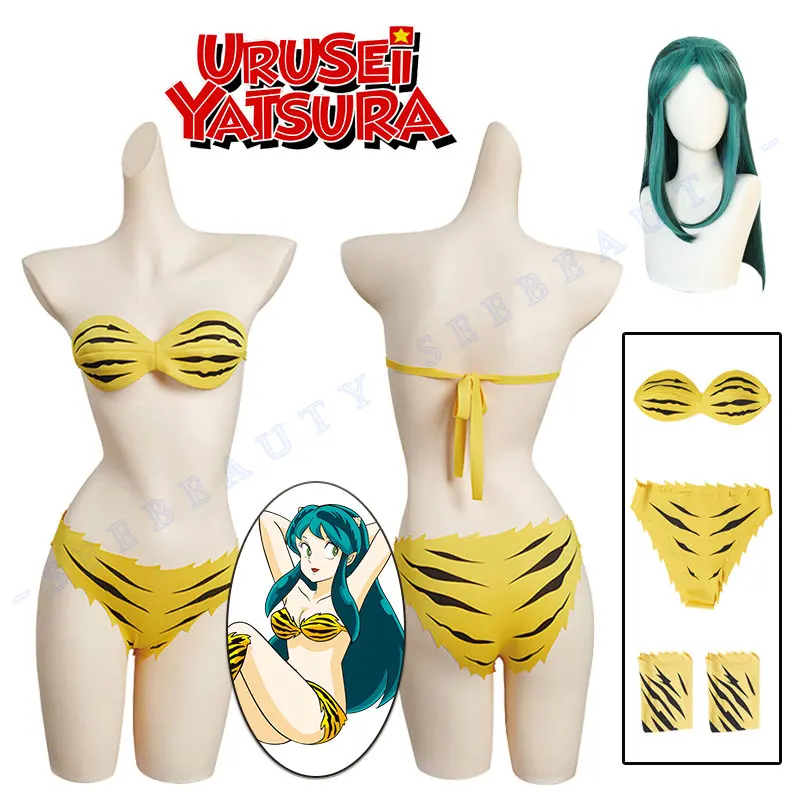 Anime Urusei Yatsura 2022 Lum Invader Cosplay Costume Wig Tiger-striped Bikini Swimsuit Swimwear Leggings Women Ataru Moroboshi