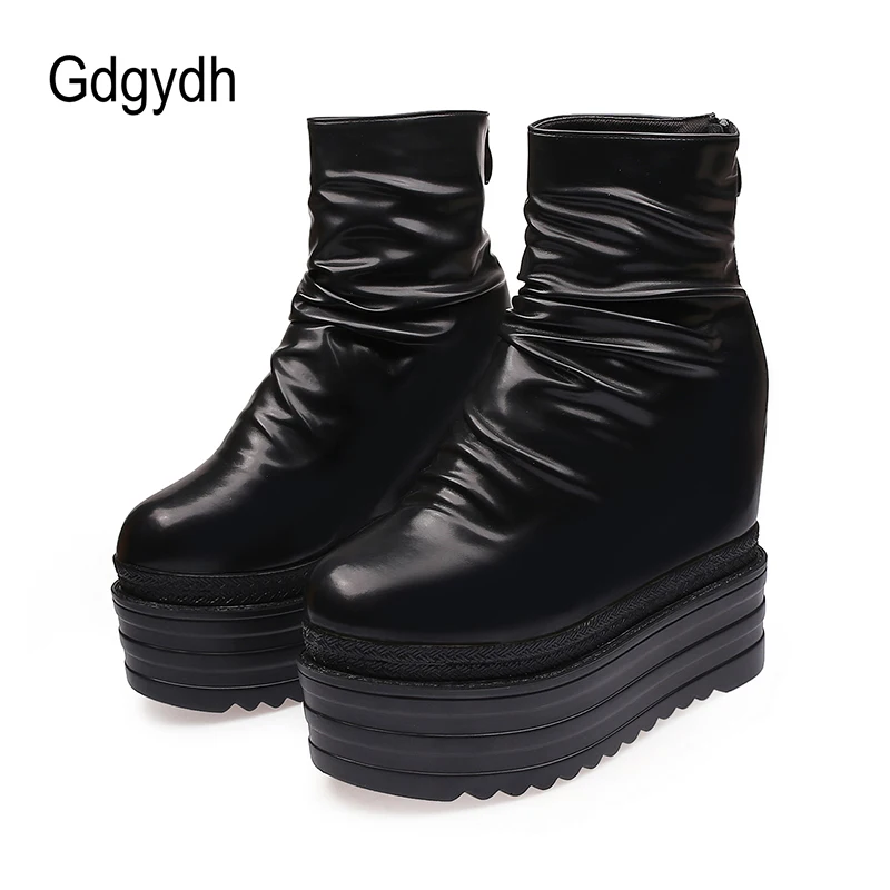 Gdgydh Womens Chelsea Boots Black Creeper Platform Wedge Heel Sponge Cake Muffin Inside Fashion Pleated Short Plush Ankle Boots 