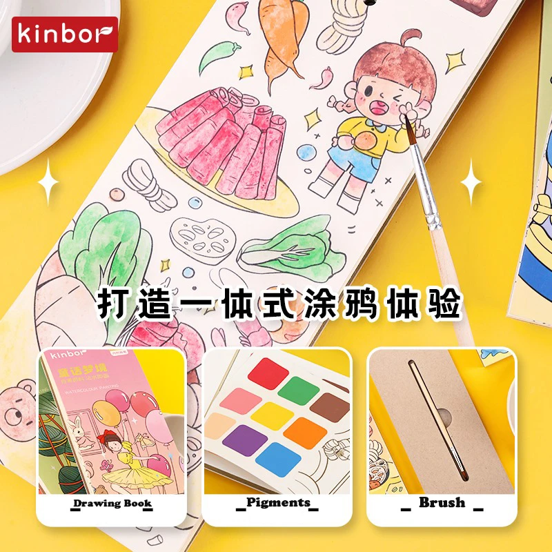 Kinbor Color Filling Set Book for Children\'s Coloring Book Graffiti Painting Carrying Pigment & Brush DIY Bookmark Art Supplies