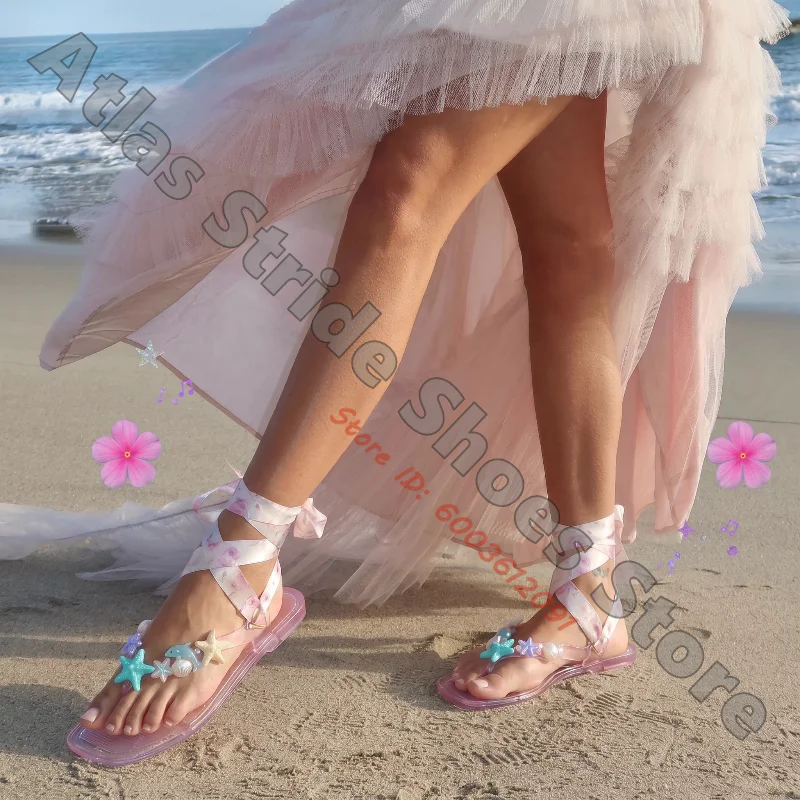 Women Pink Clear Jelly Thong Sandals Ocean Starfish Shell Dolphin Decor Floral Ribbon Ankle Wrap Beach Vacation Flip Flop Shoes