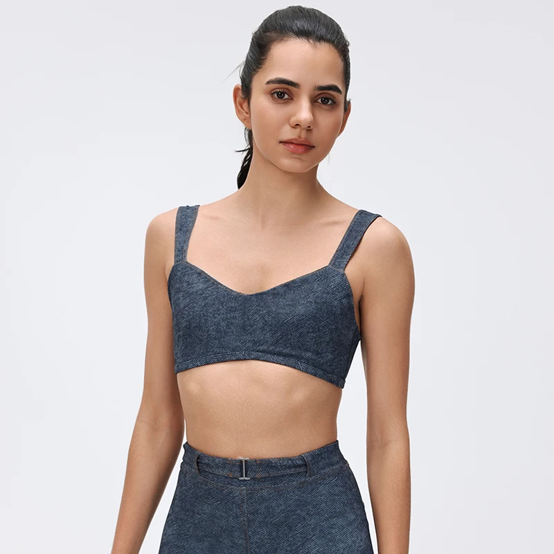 Women's Denim Style Camisole Yoga Sports Bra Tight Elastic Seamless Shockproof Gathered Support Fitness Bra with Removable Pads
