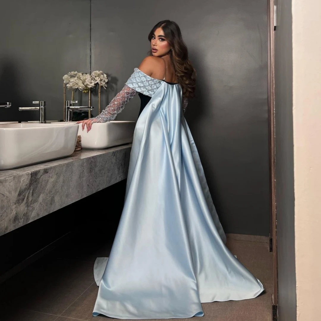 Santorini Saudi Arabia Women Wear Black Mermaid Prom Dresses Bateau Neck Long Sleeves Evening Dress with Wraps Formal Party Gown