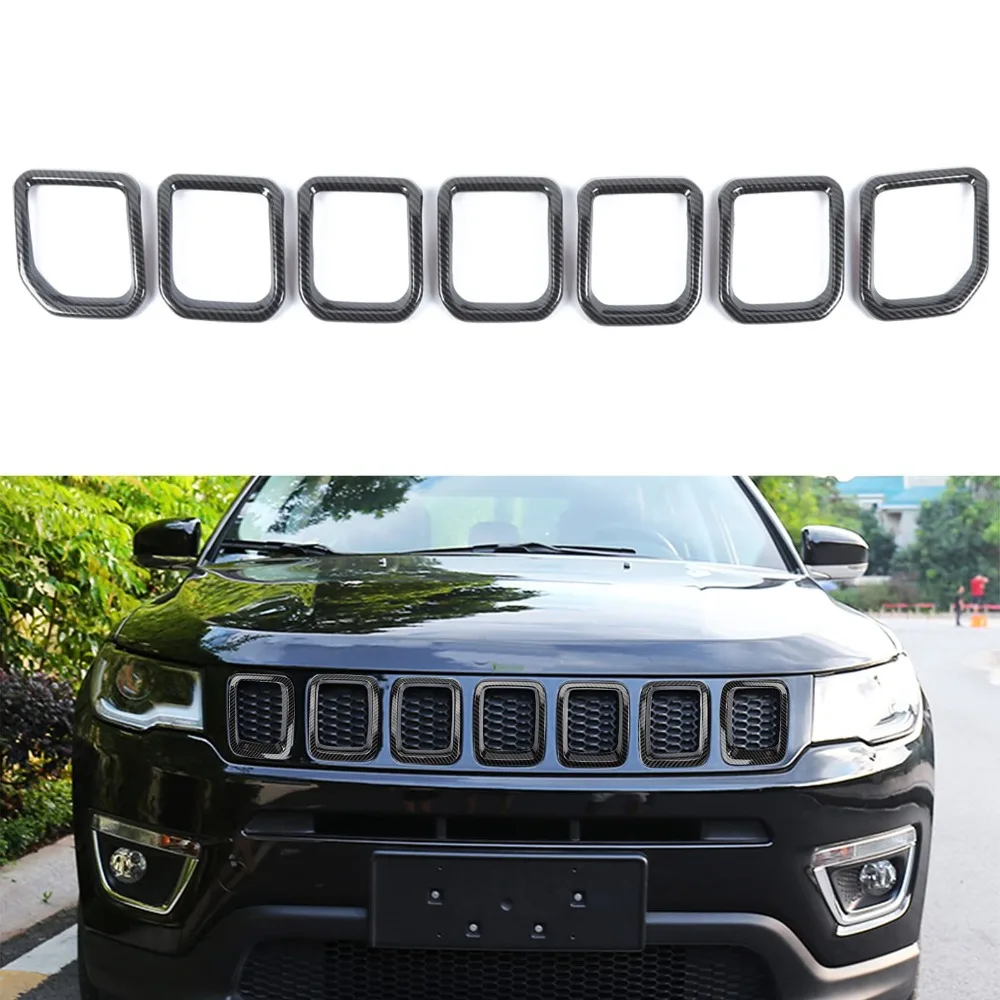 7 قطعة سيارة الجبهة مصبغة شواء إدراج الإطار أغطية الكسوة ل جيب كومباس 2021 2022 2023 (الكربون) #1