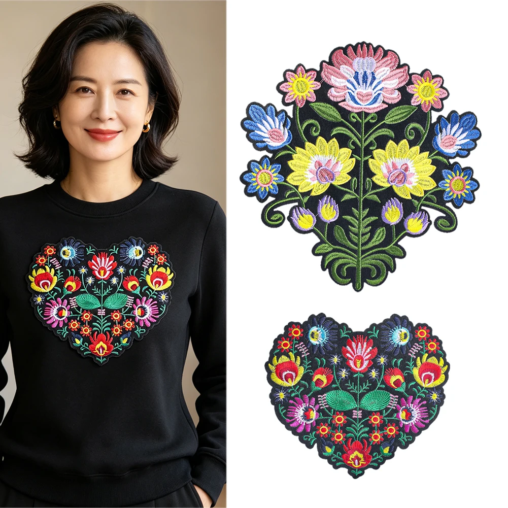 Herzblumenstrauß Bestickter Aufnäher zum Aufbügeln oder Aufnähen, Ethnische Blumenapplikation für Jacke, Hoodie, Pullover, Ethnisches Dekor, Geschenk für Frauen – Detail 6