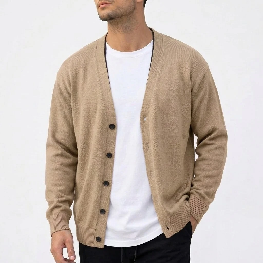 Outdoor-Herren-Strickjacke mit V-Ausschnitt, langen Ärmeln, einfarbig, lässige Sportbekleidung, geknöpfter Strickmantel. – Detail 4