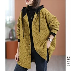 Autumn Winter Diamond Checker Color Matching Down Cotton Coat Female Down Cotton Jacket Hooded Jacket Women Retro Solid Color Lo