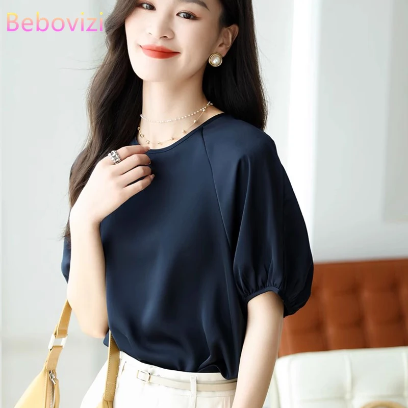 

Elegant Anti-Wrinkle Loose Satin Blouse Slim O-Neck Lantern Sleeve Blusas Short Sleeve Shirt for Women Clothes