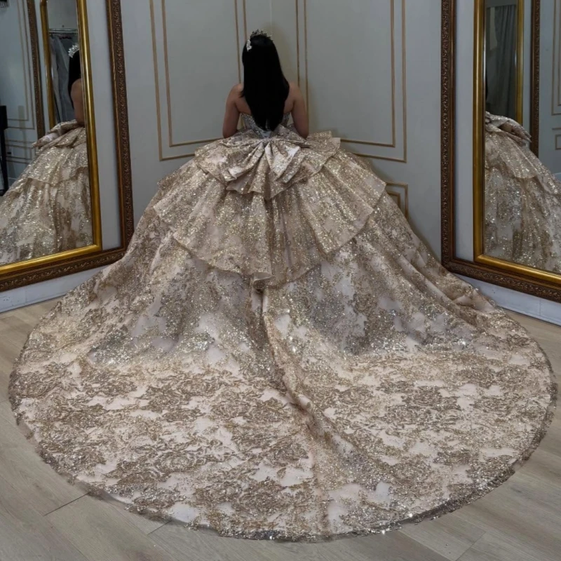 Robes de Quinceanera brillantes or Rose, robe de bal, épaules dénudées, paillettes appliquées, dentelle, perles, nœud en cristal, Corset, fête d'anniversaire