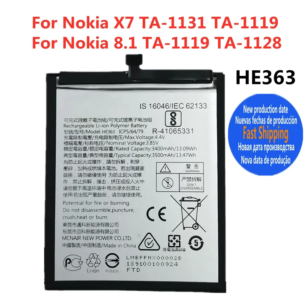 

HE363 Phoen Battery For Nokia 8.1 TA-1119 TA-1128 / Nokia X7 TA-1131 TA-1119 3500mAh HE 363 Replacement Battery Bateria + Tools